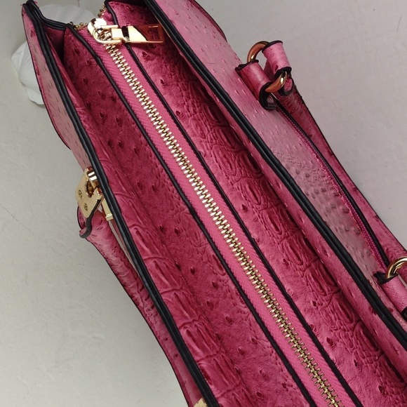 Hot Pink Faux Ostrich Brahmin-Like Hand-Bag Crossbody W/Matching Wristlet NWOT - Picture 12 of 16